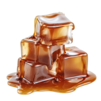 Melting caramel ice cubes creating a sweet puddle on a bright transparent background, Melting Caramel Ice Cubes on transparent background png