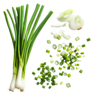 Sliced green onions with whole scallions arranged neatly on a transparent background for culinary preparations, Slice green onions on transparent background png