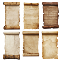 Ancient scrolls on historical parchment paper showcasing unique textures and aged appearances, Set Ancient Scrolls, Historical Parchment Paper with Aged Texture, Isolated on transparent background png