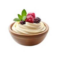 Delicious yoghurt in a brown bowl topped with fresh raspberries and blackberries, isolated on a transparent background, Yoghurt in a bowl isolated on transparent background png