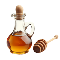 Honey dipper next to a glass jug filled with golden honey on a clean transparent background, Honey dipper and jug over transparent background png