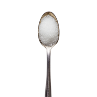 A silver spoon filled with granulated sugar on a plain transparent background, showcasing the texture and shine of the sugar, sugar in spoon on transparent background png
