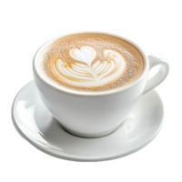 A beautifully crafted cup of latte with heart design on a transparent background, served in a simple transparent cup with a saucer, Cup of latte transparent background png