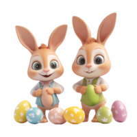 Cartoon Easter bunnies joyfully decorating colorful eggs on a bright transparent background, 3D Cartoon Easter Bunnies with Eggs on transparent background png
