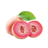 Fresh red guava fruit cut in half with leaf on a clean transparent background, red guava fruit with leaf isolated on transparent background png