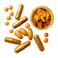 Turmeric powder with capsules and tablets arranged on a transparent background promoting health benefits, turmeric and capsules on transparent background png