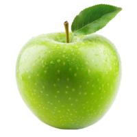 Fresh green apple with a single leaf isolated on a pure transparent background showcasing natural beauty and simplicity, fresh green apple isolated on transparent background png