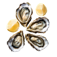 Fresh oysters served on ice with lemon slices against a clean transparent background for culinary enjoyment, Fresh Oysters on transparent background png
