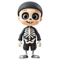 A cartoon boy in a skeleton costume stands alone against a bright transparent background, 3D cartoon boy disguised as skeleton, isolated on transparent background png
