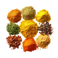 Aromatic spice powders arranged artistically on a transparent surface for culinary inspiration, Top view aromatic spices seasonings powder isolated on transparent background png