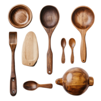 Collage of isolated wooden cookware tools showcasing various utensils ideal for cooking and serving, Isolated wooden cookware tools collage png