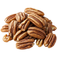 A pile of pecans on a clean transparent background showcasing their rich texture and natural color variations, Pecans isolated on transparent background png