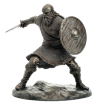 Viking warrior statue in battle stance with shield and sword on a transparent background, Viking Warrior Statue in Battle Stance on transparent background png