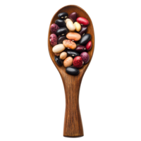 Colorful beans arranged in a wooden spoon on a clean transparent background for culinary presentation, beans in wood spoon isolated on transparent background png