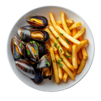 Aerial view of a plate featuring mussels and crispy fries with herbs on a transparent background, Aerial view of mussels and fries plate on transparent background png