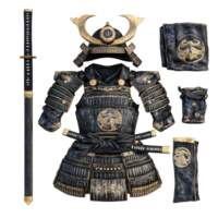 Detailed samurai armor set with helmet and katana displayed on a transparent background for cultural appreciation, Samurai Armor Set with Helmet and Katana, transparent background png
