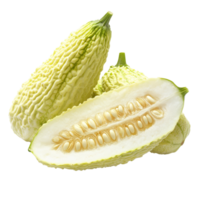 Fresh transparent bitter melon with sliced section revealing seeds on a clean transparent background, transparent bitter melon isolated on transparent background png