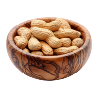 Fresh peanuts in a wooden bowl on a transparent background showcasing natural texture and form, Peanut in wood plate isolated on transparent background png