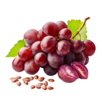 Fresh red grapes with seeds and green leaves isolated on a clean transparent background, Red grape with seeds isolated on transparent background png