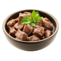 Boiled meat dish served in a dark bowl with fresh parsley on a transparent background, Dish made of boiled meat top view isolated on transparent background png