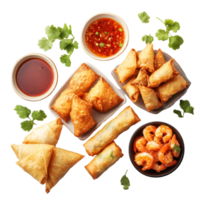 Delicious Asian appetizers including spring rolls, samosas, and shrimp served on a transparent table, Asian Appetizers with Spring Rolls, Samosas, and Shrimp Fritters on transparent background png