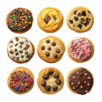 Assorted cookies with various toppings arranged in a neat grid on a transparent background for a delightful dessert spread, cookies with various toping top view isolated on transparent background png