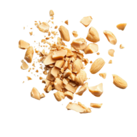 Crushed peanuts scattered on a transparent background showcasing their texture and natural color variation, Peanut crushed into pieces over transparent background png