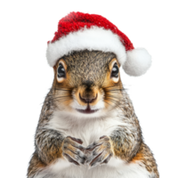 A cheerful squirrel wearing a festive Christmas hat on a transparent background spreads holiday joy and warmth, Squirrel wearing a christmas hat on transparent background png
