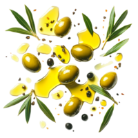 Fresh green olives drizzled with olive oil surrounded by leaves and spices on a clean transparent background, green olives and oil on transparent background png