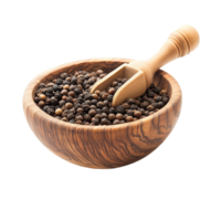 Wooden bowl filled with assorted peppercorns and a scoop on a transparent background, peppercorn in wood bowl with scoop on transparent background png