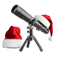 Festive telescopes adorned with Santa hats on a bright transparent background celebrating the holiday season, Telescopes with Santa Hats on transparent background Christmas Gift png