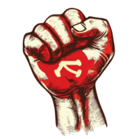 A raised fist symbolizing communism with a hammer and sickle illustration, representing solidarity and unity, hand with the fist making the communism symbol on transparent backgroundfile png