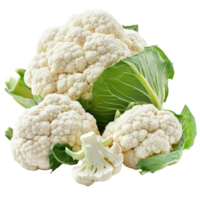 Fresh cauliflower heads with green leaves isolated on a transparent background, showcasing the vegetables natural texture and color, Cauliflower vegetables isolated on a transparent background png