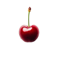 A closeup of a ripe red cherry on a transparent background showcasing its natural shine and freshness, Ripe red cherry close up on transparent background png