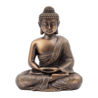 A serene buddha statue representing peace and wisdom, beautifully crafted in bronze on a light backdrop, buddha statue sign for peace and wisdom isolated on transparent background png
