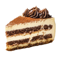 A delicious slice of tiramisu cake with coffee layers and chocolate topping on a transparent plate, Isolated slice of tiramisu cake on transparent png