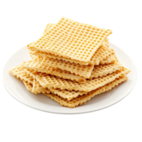 Crispy wafers stacked neatly on a transparent plate against a plain background, Wafers in a plate isolated on transparent background png