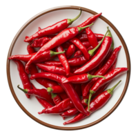 Fresh chili peppers displayed on a simple transparent background in a circular brown plate, emphasizing their vibrant color and healthy appeal, chili peppers in plate isolated on transparent png