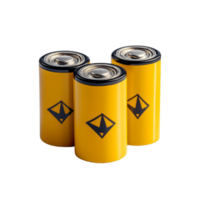 Alkaline AA batteries in yellow cylindrical design arranged together on a plain background, AA batteries, yellow cylinder alkaline with plus and minus isolated on transparent background png