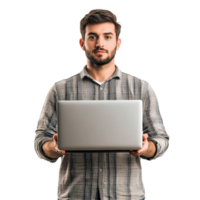 A man holds a laptop against a transparent background while standing confidently, ready for a presentation or discussion, Man holding the laptop on transparent backgroundfile png