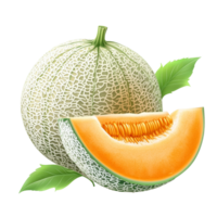 Fresh melons and cantaloupe with green leaves isolated on a transparent background for culinary use, melons or cantaloupe with leaf isolated on transparent background png