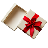 Open gift box with red ribbon waiting to reveal a surprise on a clean transparent surface, Opened gift box with red ribbon png
