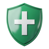 Green shield with transparent cross icon representing health and safety in modern design, green shield with transparent cross icon 3d isolated on transparent background png