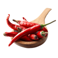 A wooden spoon filled with vibrant red peppers resting against a clean transparent background, pile of red pepper in wood spoon on transparent background png