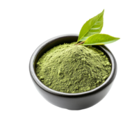 Fresh powdered matcha green tea in a traditional bowl with vibrant green leaf isolated on a transparent background, powdered matcha green tea in bowl with leaf isolated on transparent background png