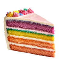 Delicious layered rainbow cake with vibrant colors set against a clean transparent background, layered rainbow cake isolated on transparent background png