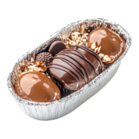 Delicious chocolate cake in a foil oval container with nuts and treats, beautifully presented on a transparent background, Chocolate cake in foil oval box isolated on transparent background png