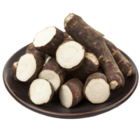 Freshly sliced cassava on a dark plate showcasing its texture, ideal for culinary uses and healthy meals, Cassava in plate on transparent background png