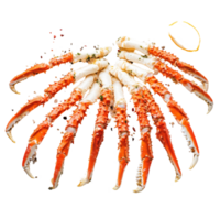 Delicious cooked crab legs garnished with herbs and lemon on a clean transparent background ready to be enjoyed, Fresh tasty cooked crab legs on a transparent background. crab legs png
