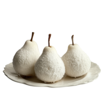 Elegant snow pears displayed on a delicate plate against a simple transparent background, perfect for culinary decor, snow pear on transparent background png